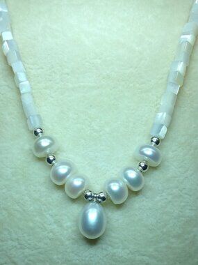 Square Box Cut Mother of Pearl Beads and Freshwater Pearl Necklace